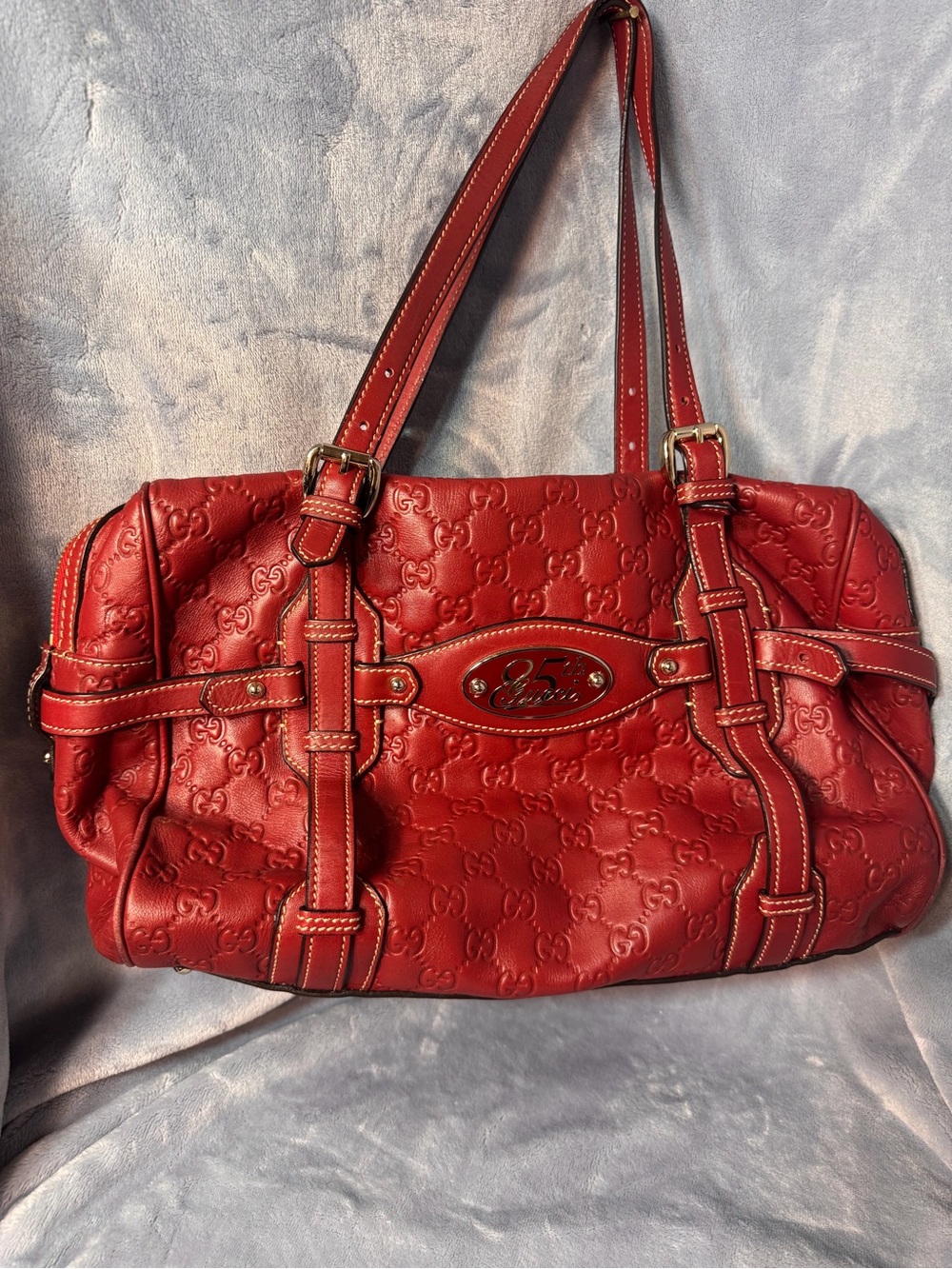 Gucci 85th Anniversary Red Embossed Leather Shoulder Bag 163290 001998